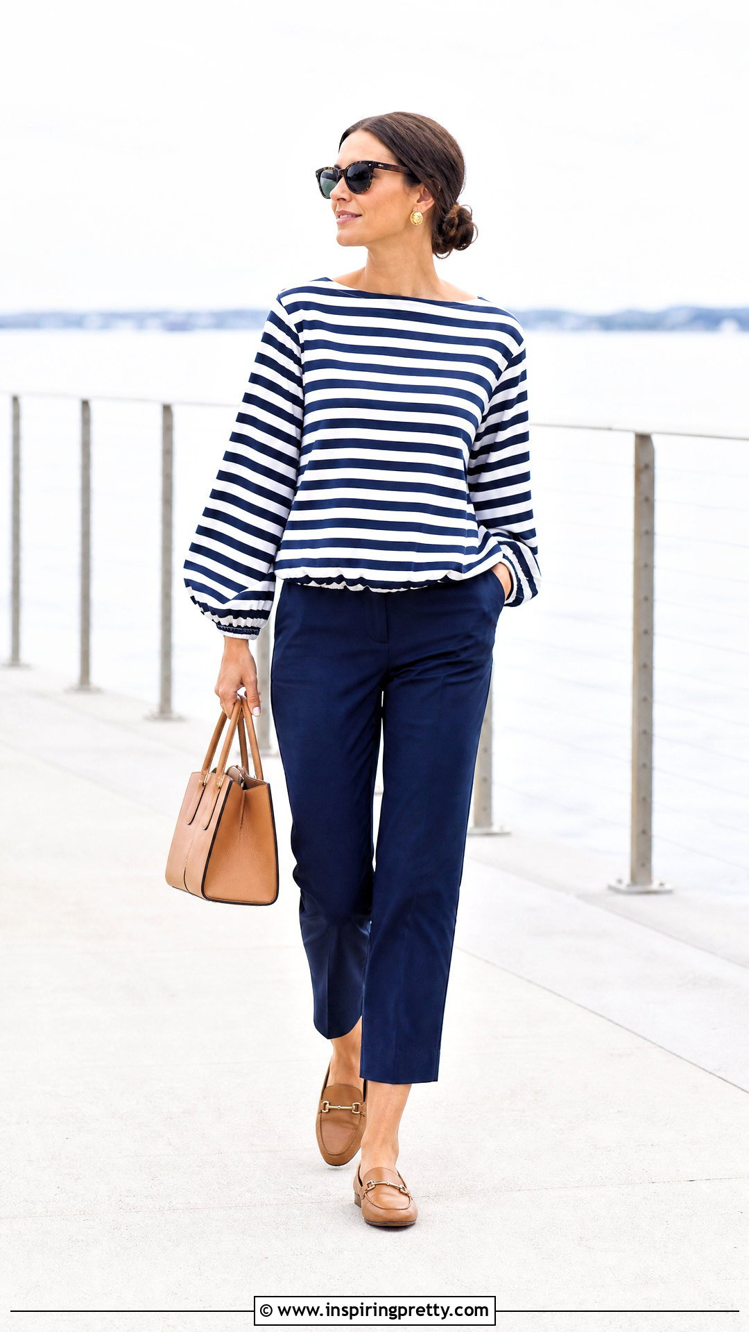 Striped Bubble Top With Navy Trousers - 50 bubble top outfit ideas