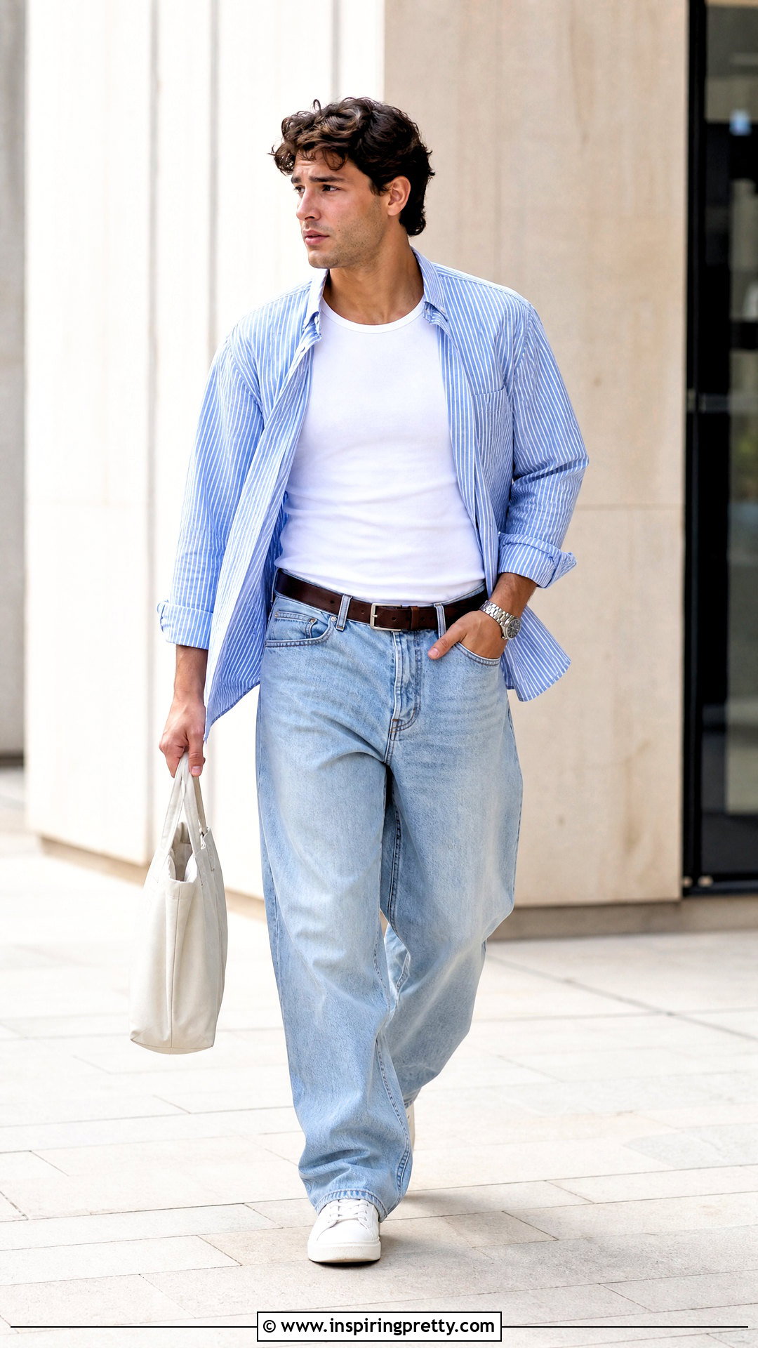 Striped Button Down Shirt With Baggy Jeans - 20 tops to wear with baggy jeans men