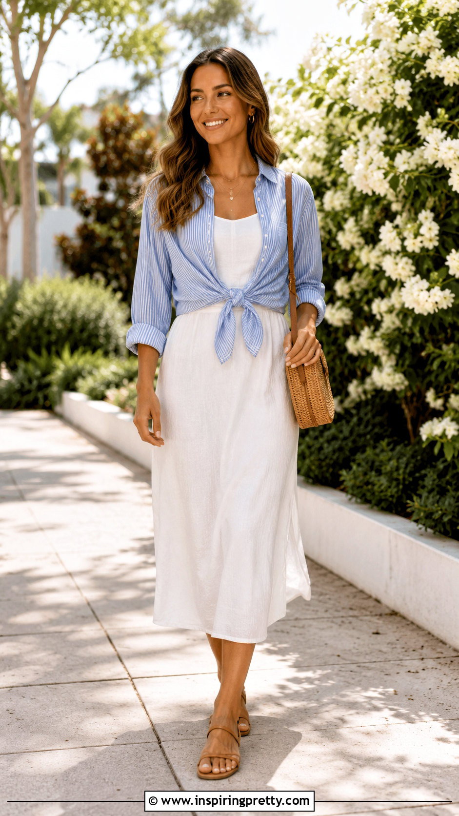 Striped Button Up Over Midi Dress With Sandals - 20 striped button-up top outfit ideas
