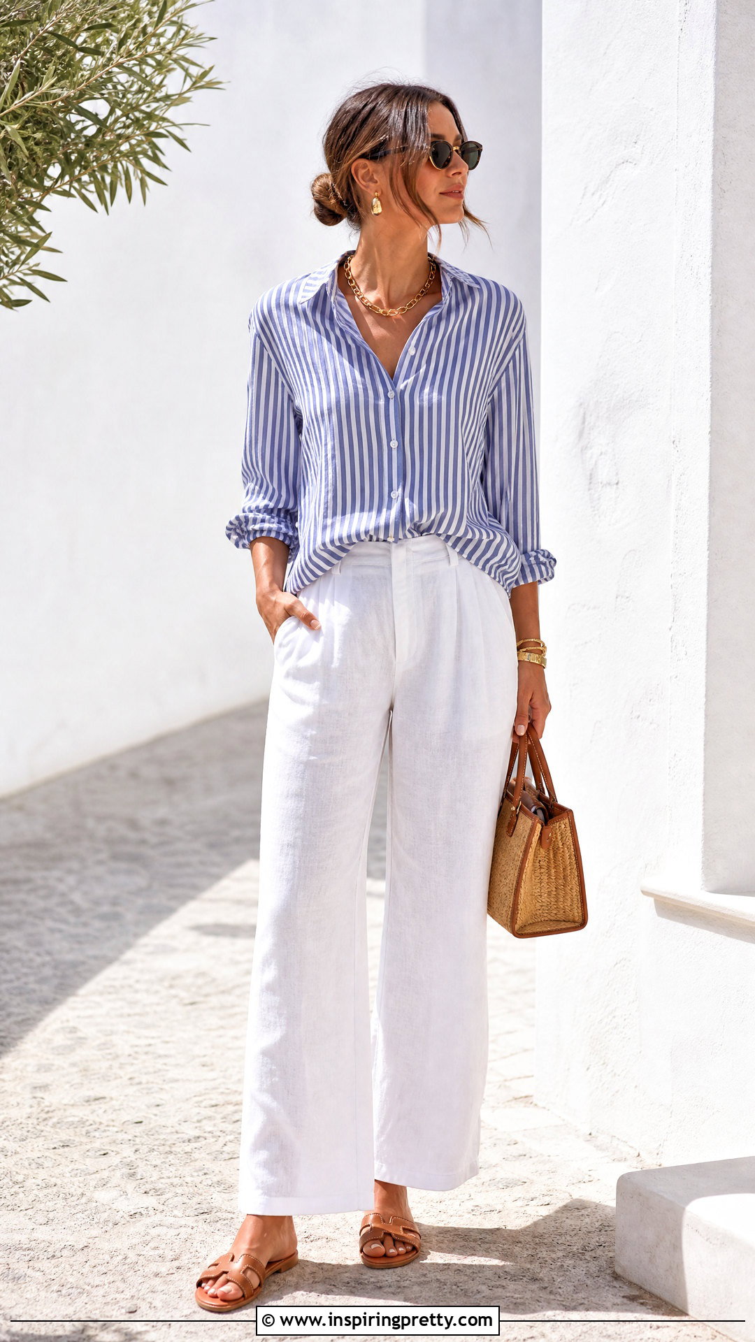 Striped Button Up Summer Top With White Linen Pants - 20 Button-Up Summer Top outfit ideas