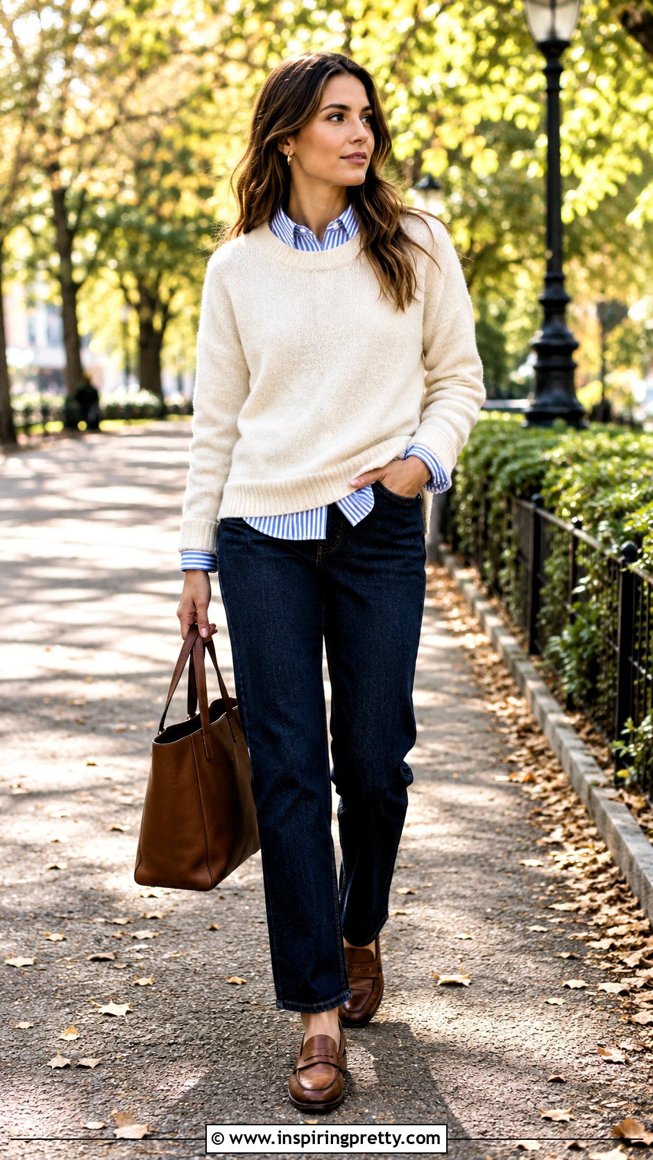 Striped Button Up Under Sweater With Jeans - 20 striped button-up top outfit ideas