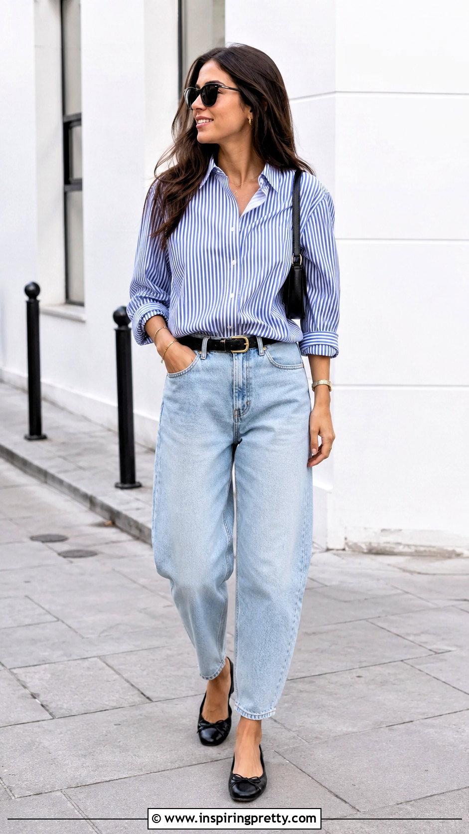 Striped Button Up With Barrel Jeans And Flats - 20 striped button-up top outfit ideas