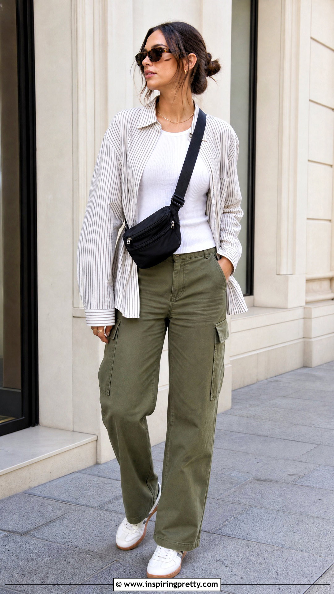 Striped Button Up With Cargo Pants And Trainers - 20 casual striped button-up top outfit ideas