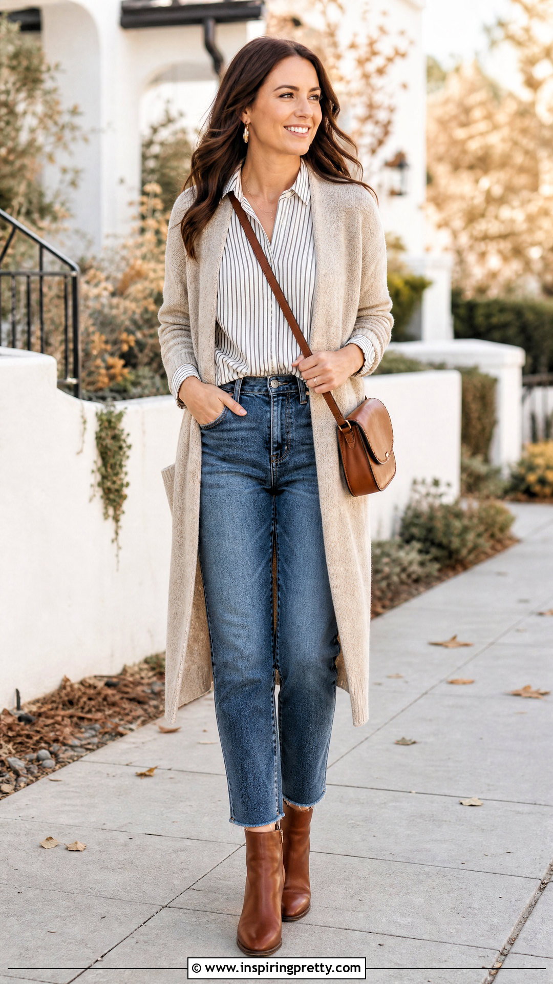 Striped Button Up With Cropped Jeans And A Long Cardigan - 20 casual striped button-up top outfit ideas