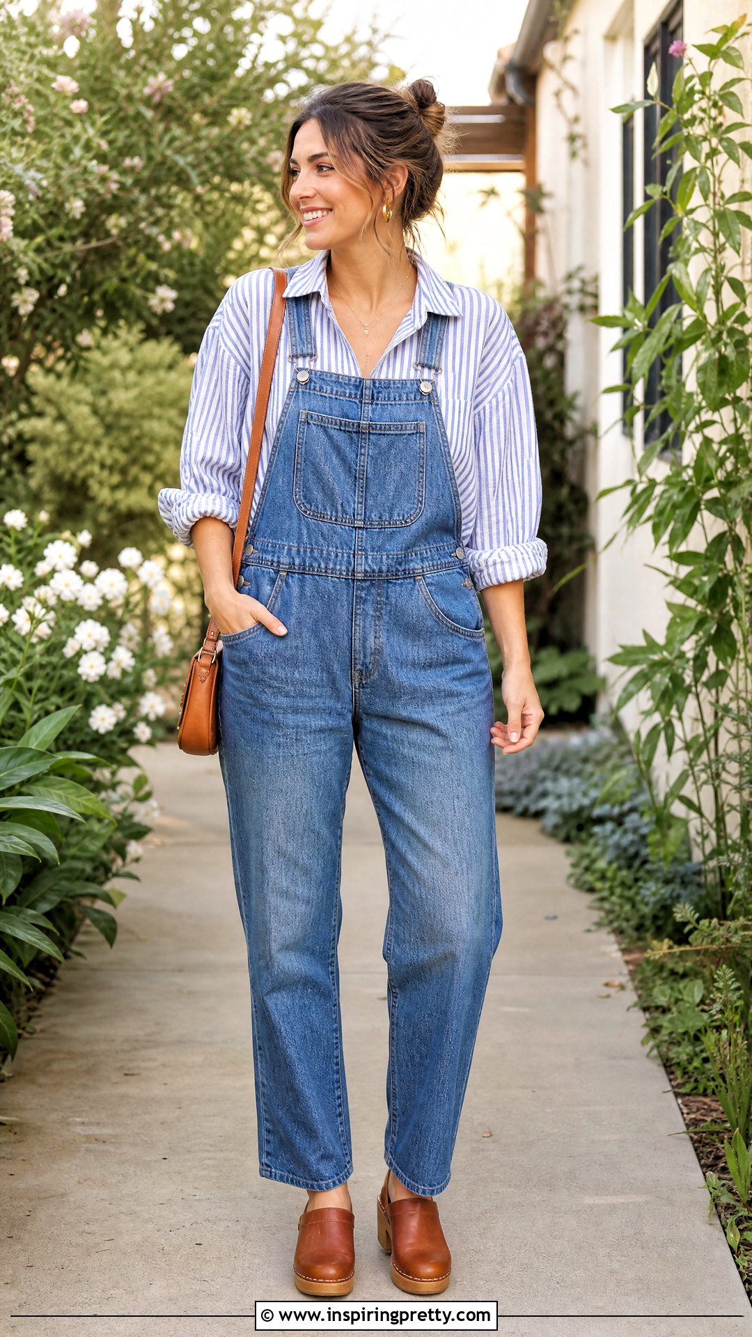 Striped Button Up With Denim Overalls And Clogs - 20 casual striped button-up top outfit ideas