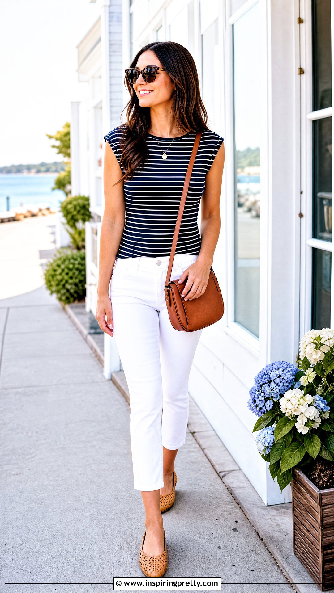Striped Cap Sleeve Top With White Jeans - 50 cap sleeve top outfit ideas