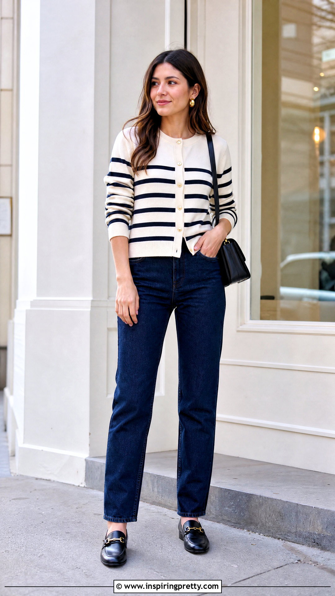 Striped Cardigan With Dark Wash Jeans - 50 preppy tops outfit ideas