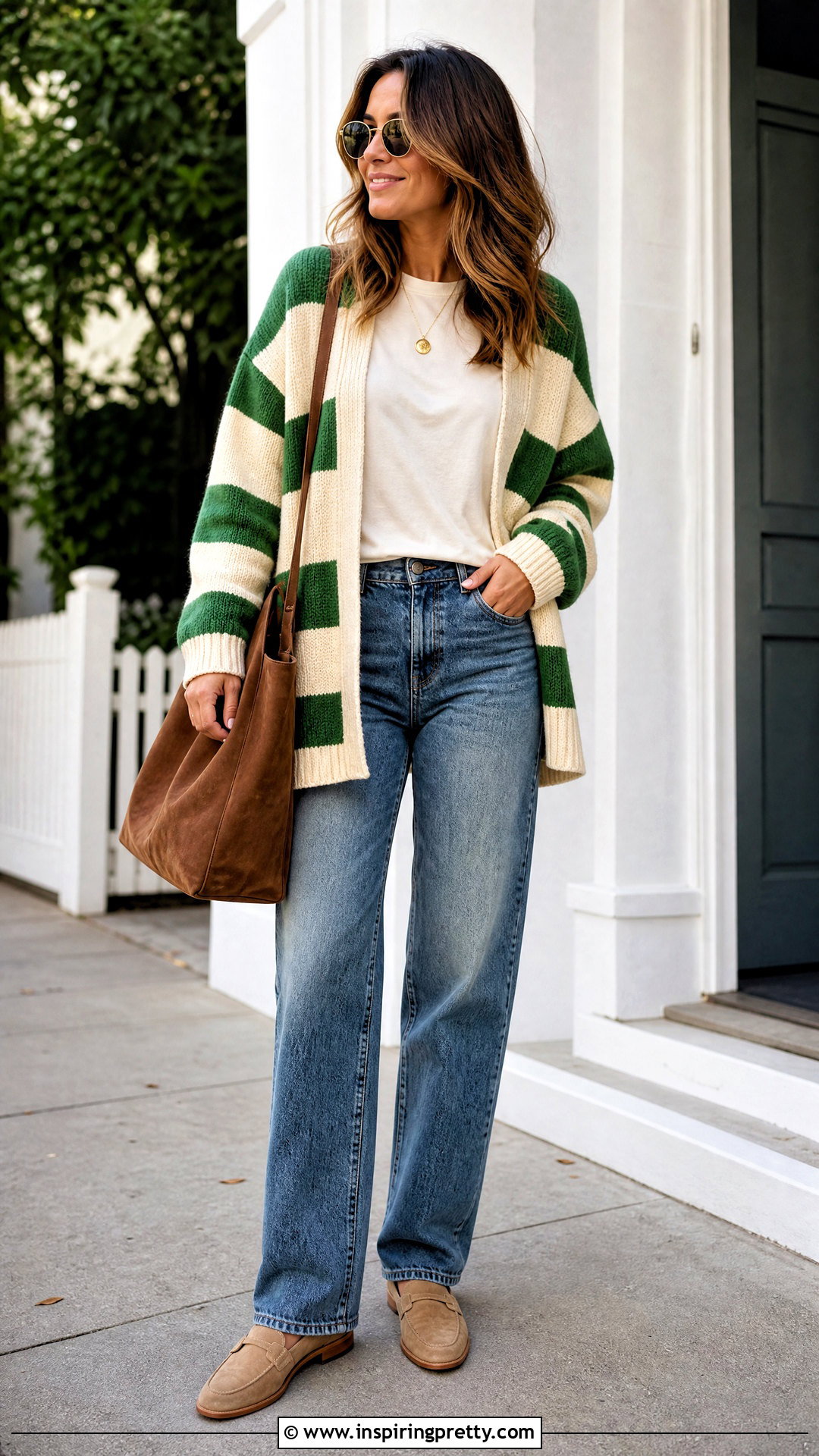 Striped Cardigan With T Shirt And Relaxed Jeans - 50 stripes top outfit ideas