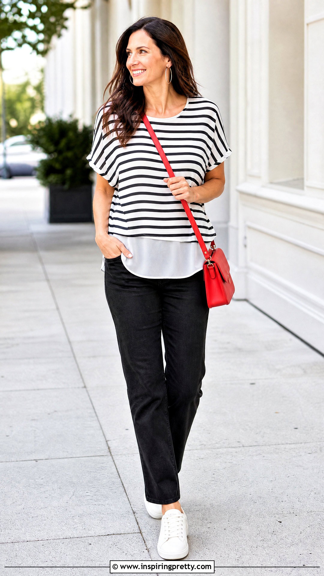 Striped Chiffon Hem Top With Black Jeans - 20 chiffon hem top outfit ideas