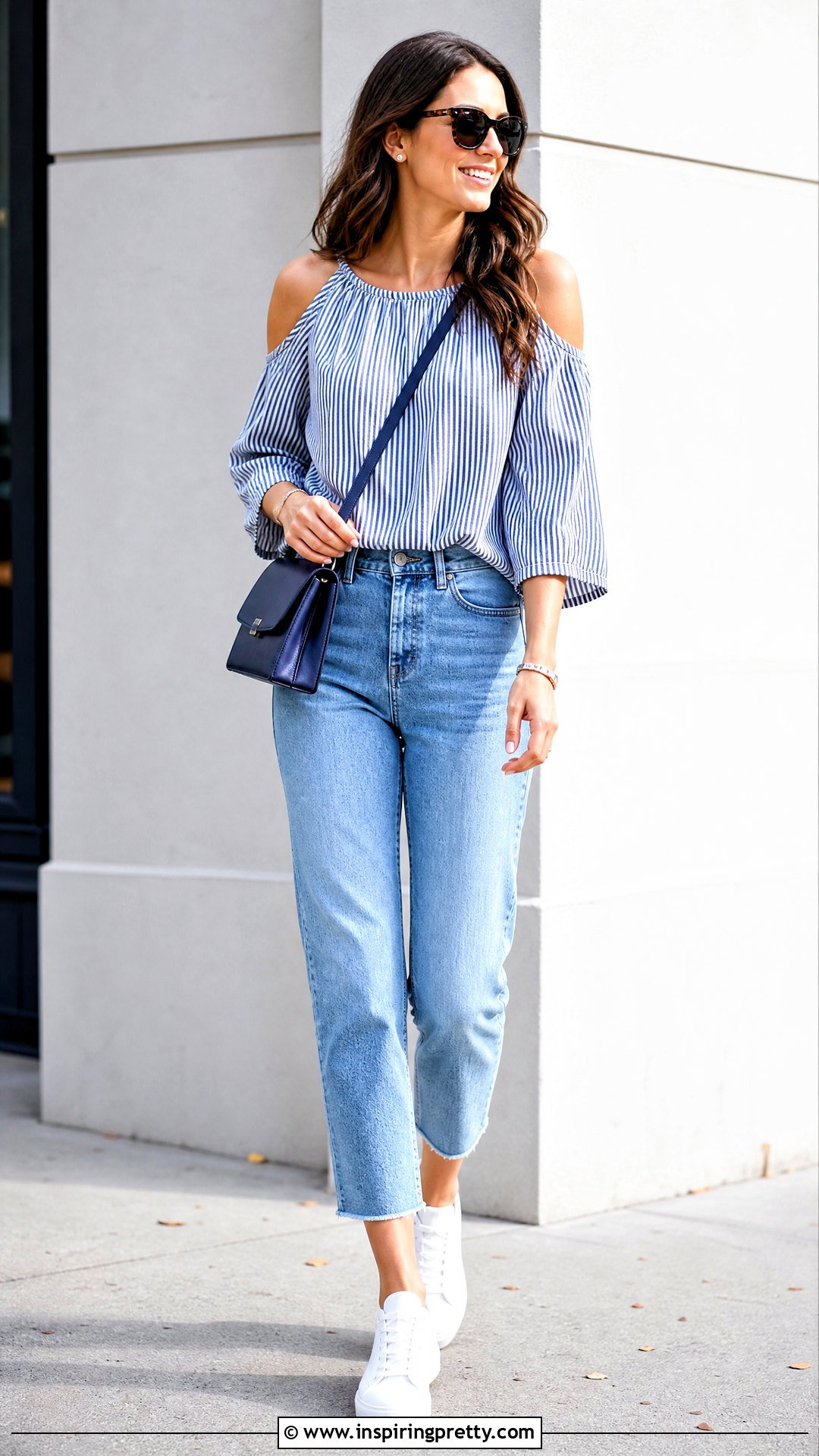 Striped Cold Shoulder Peasant Top With Cropped Jeans - 20 cold shoulder peasant top outfit ideas