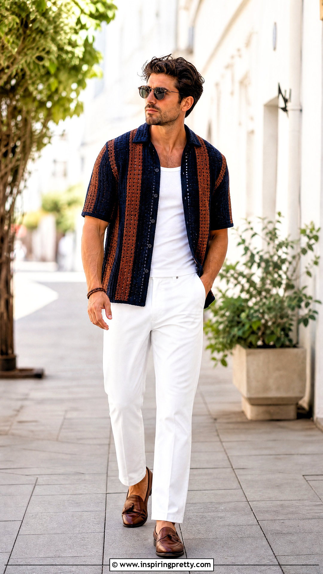 Striped Crochet Shirt With White Jeans - 20 crochet tops for men