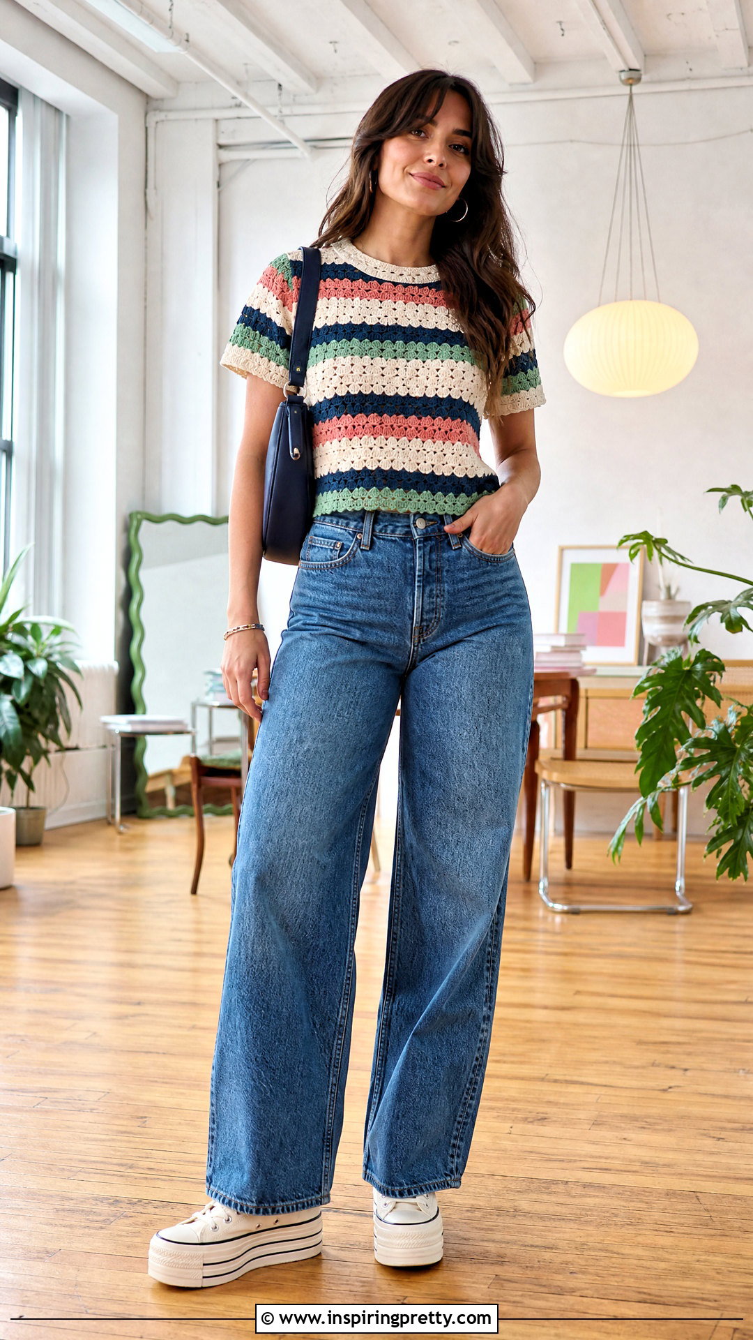 Striped Crochet Top And Wide Leg Jeans Outfit - 20 crochet top on wooden floor outfit ideas