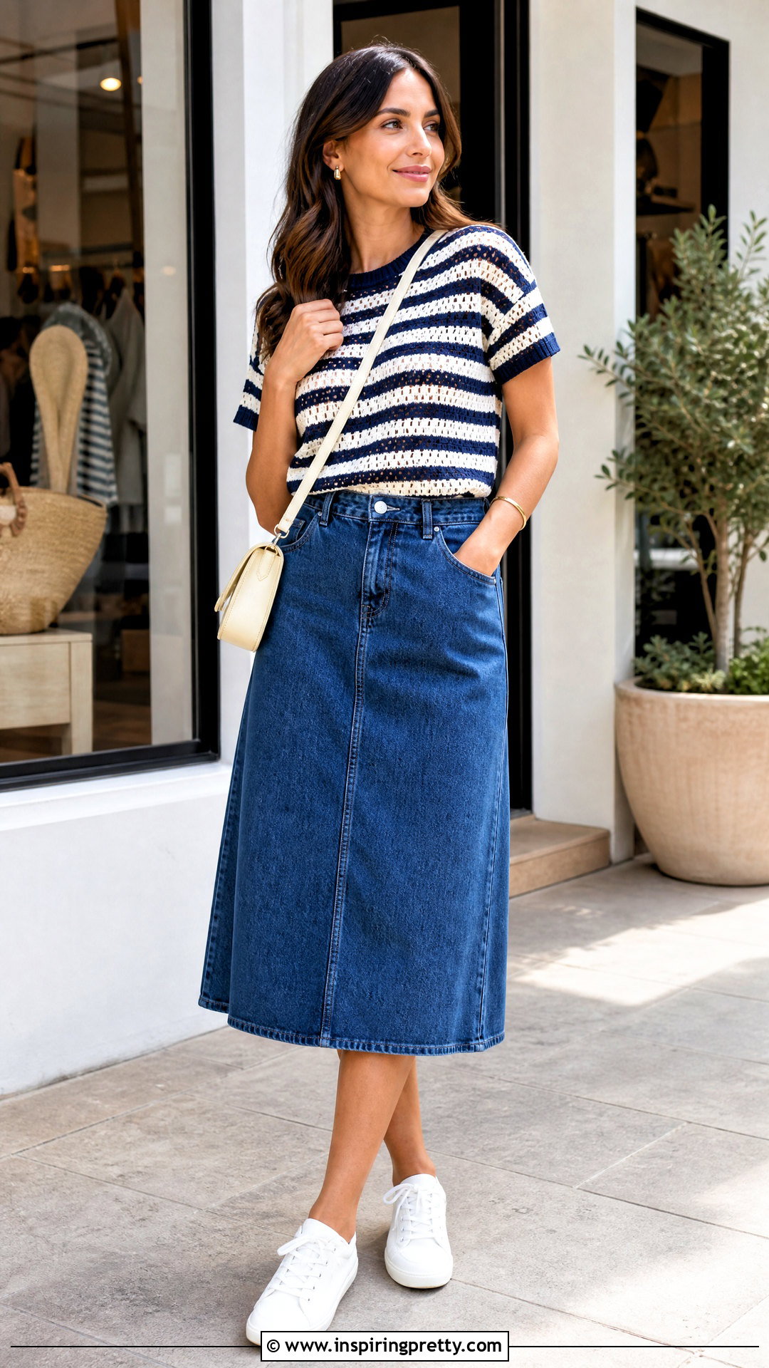 Striped Crochet Top With Denim Midi Skirt - 50 top au crochet ideas