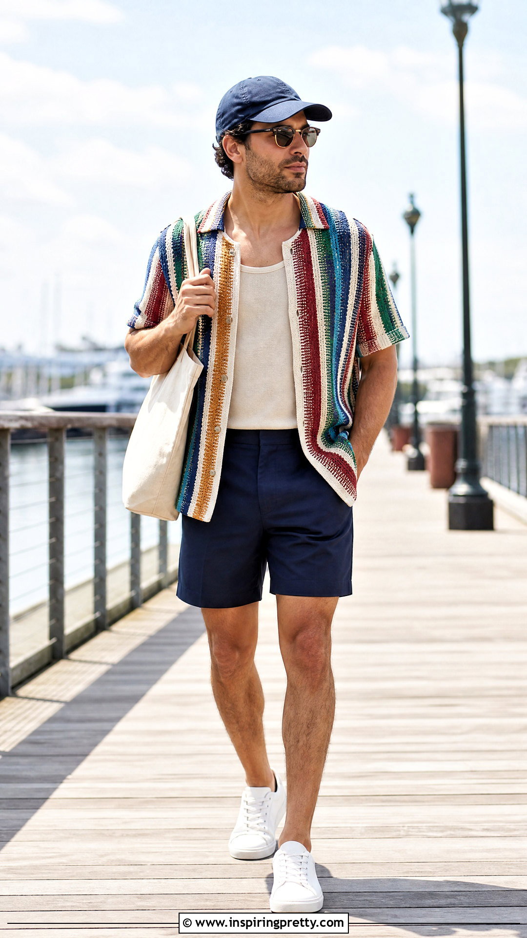 Striped Crochet Top With Navy Shorts - 50 crochet top for men outfit ideas