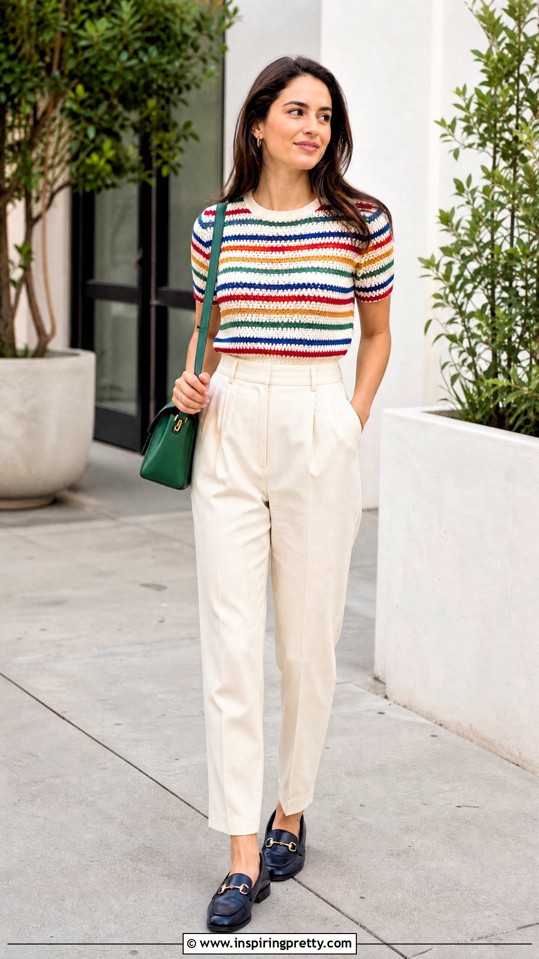 Striped Crochet Top With Neutral Trousers - 25 different types of crochet tops outfit ideas