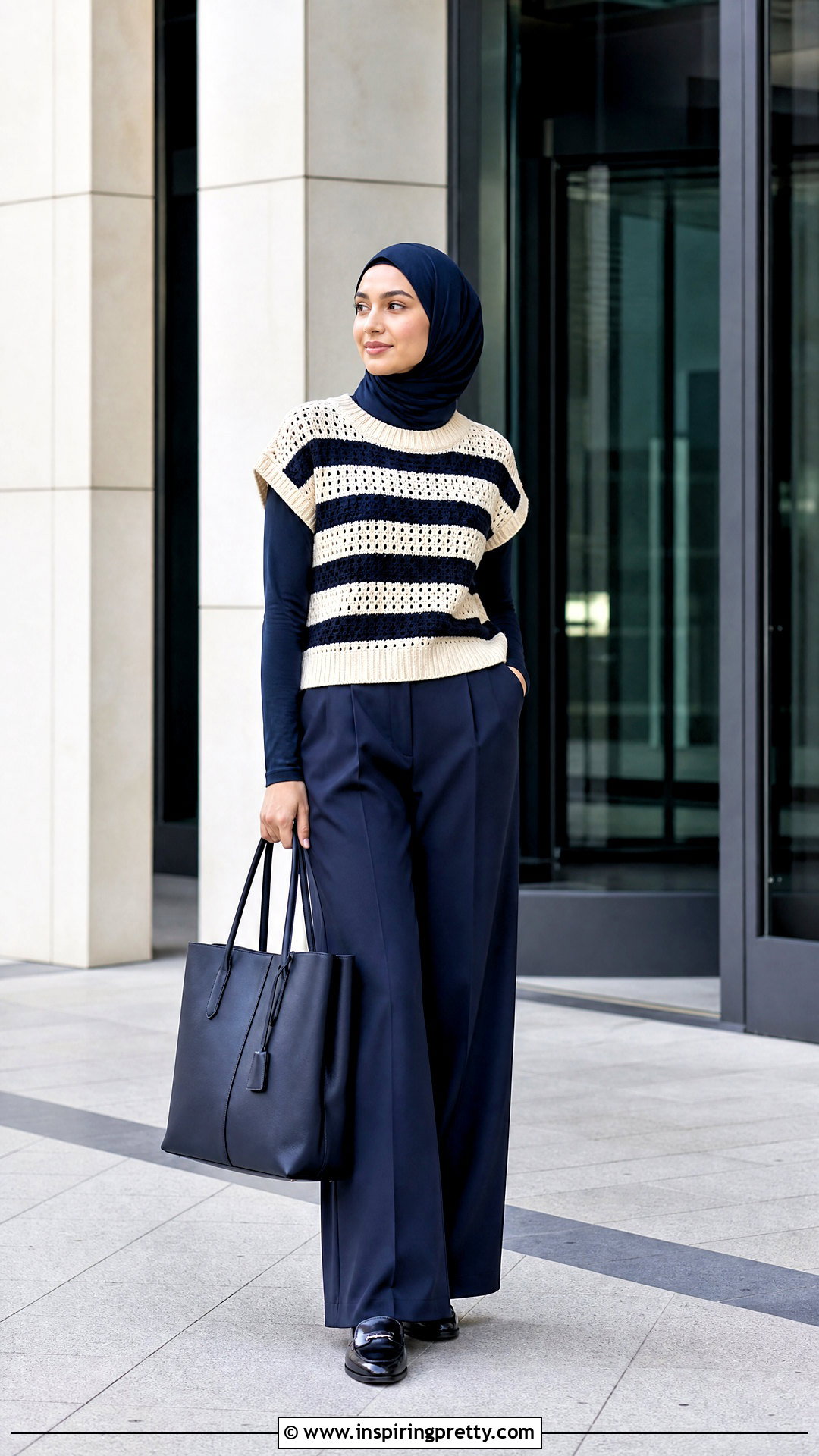 Striped Crochet Top With Tailored Trousers - 25 crochet top hijabi outfit ideas