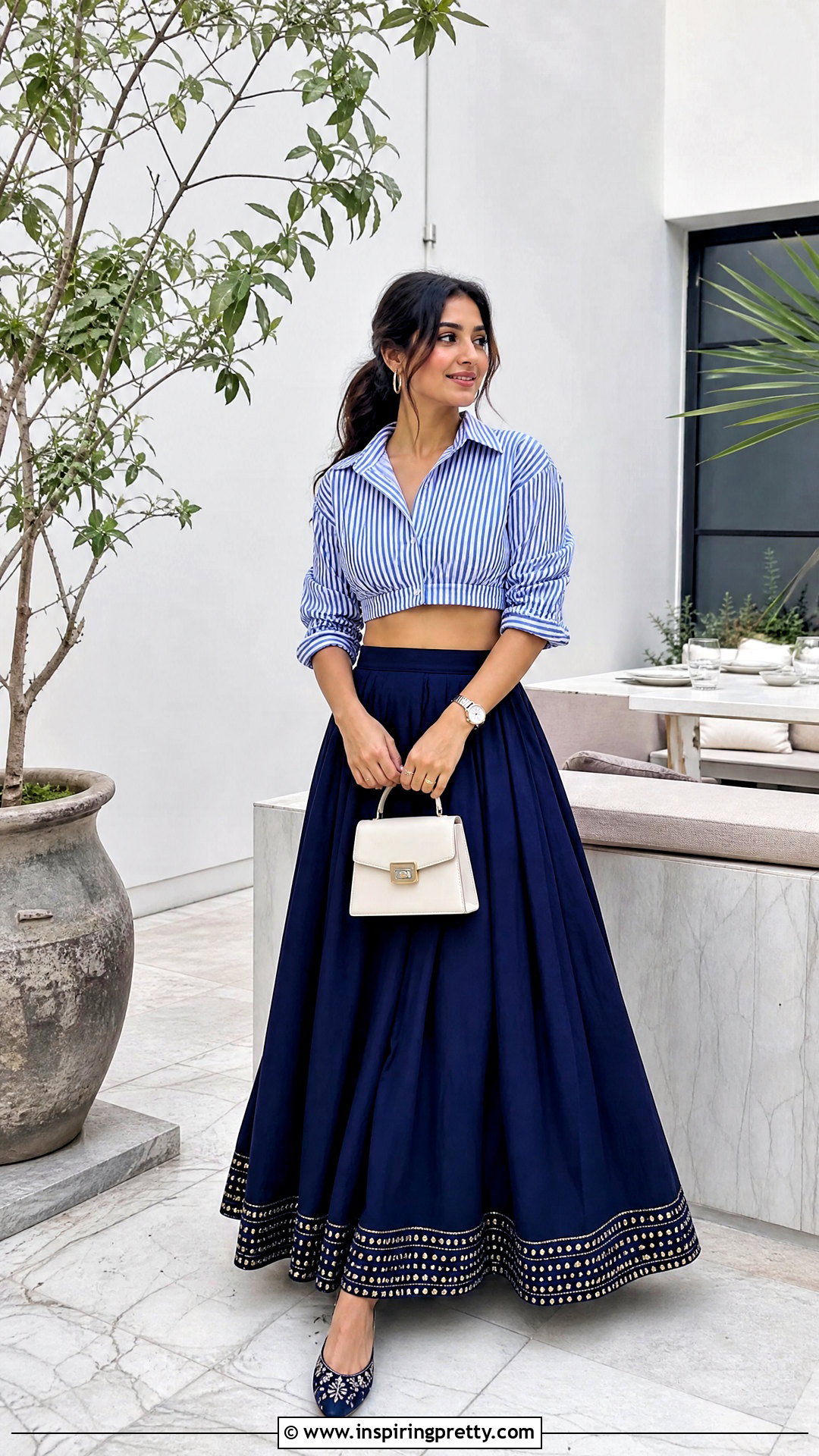 Striped Crop Shirt With Solid Lehenga Outfit - 25 shirt crop top lehenga outfit ideas