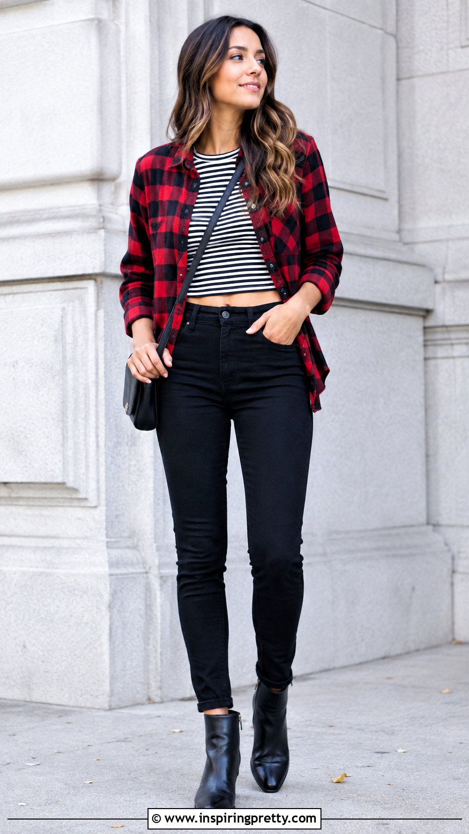 Striped Crop Top Flannel and Black Jeans - 25 crop top flannel outfits jeans