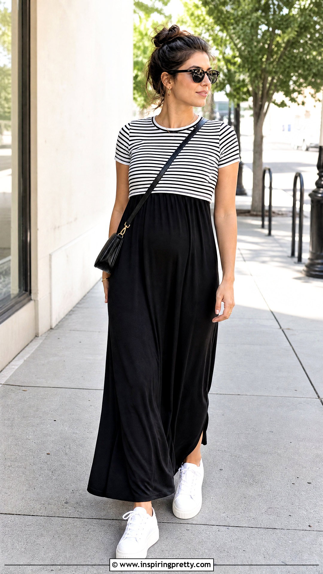 Striped Crop Top Over Black Maxi Dress - 25 Crop Top Over Maxi Dress outfit ideas