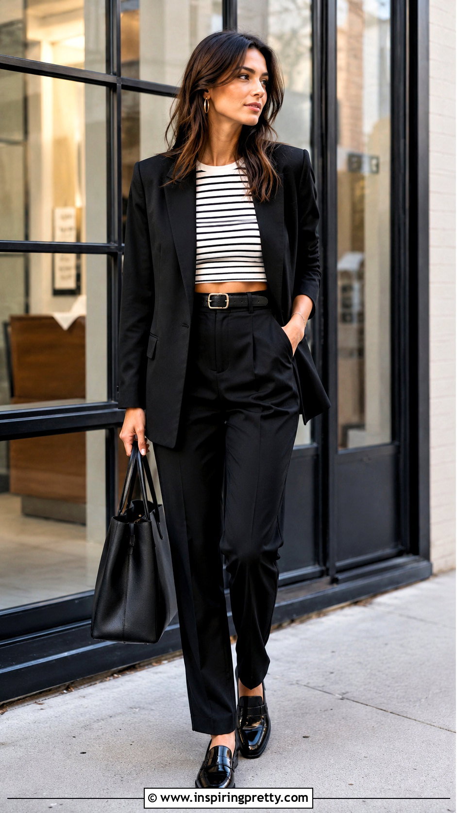 Striped Crop Top With A Black Blazer - 20 striped crop top fashion ideas