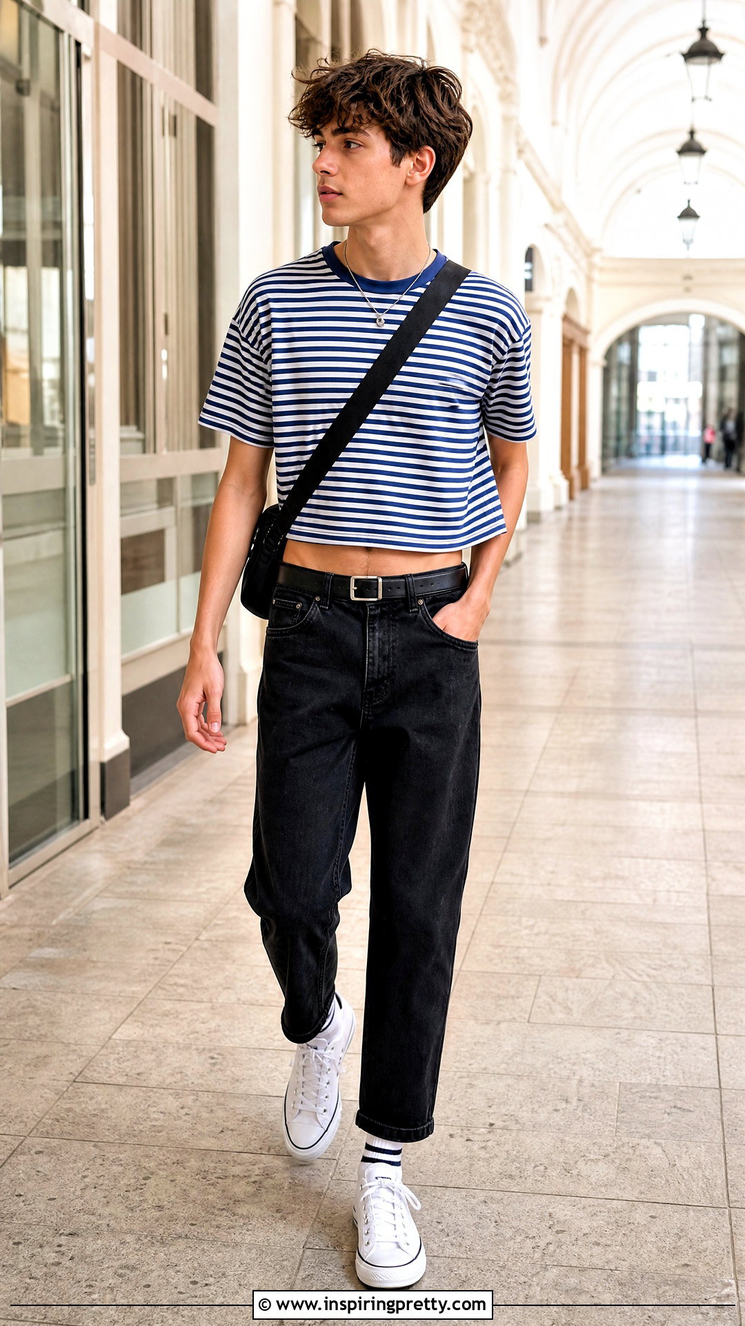 Striped Crop Top With Black Jeans - 50 boys in crop tops outfit ideas