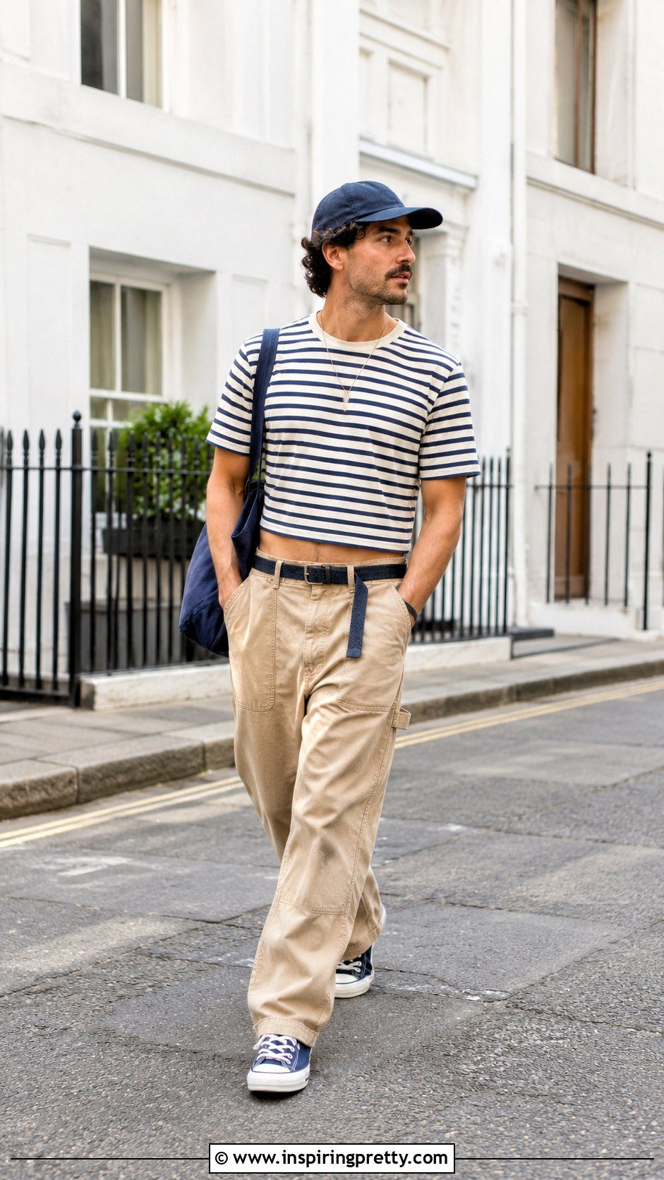 Striped Crop Top With Carpenter Pants And Canvas Sneakers - 20 men’s crop tops outfit ideas