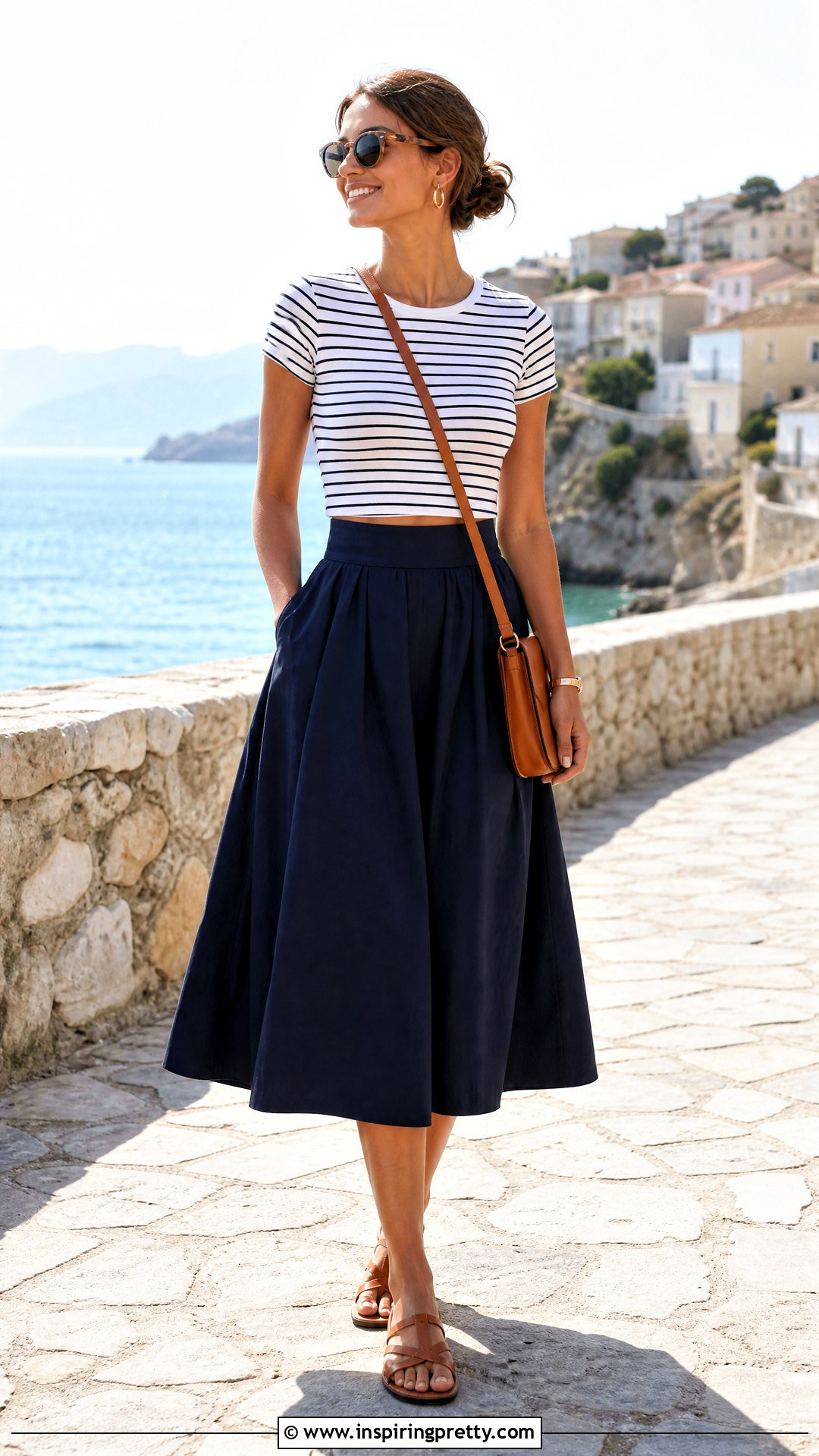 Striped Crop Top With Navy Midi Skirt - 20 crop top and midi skirt outfit ideas