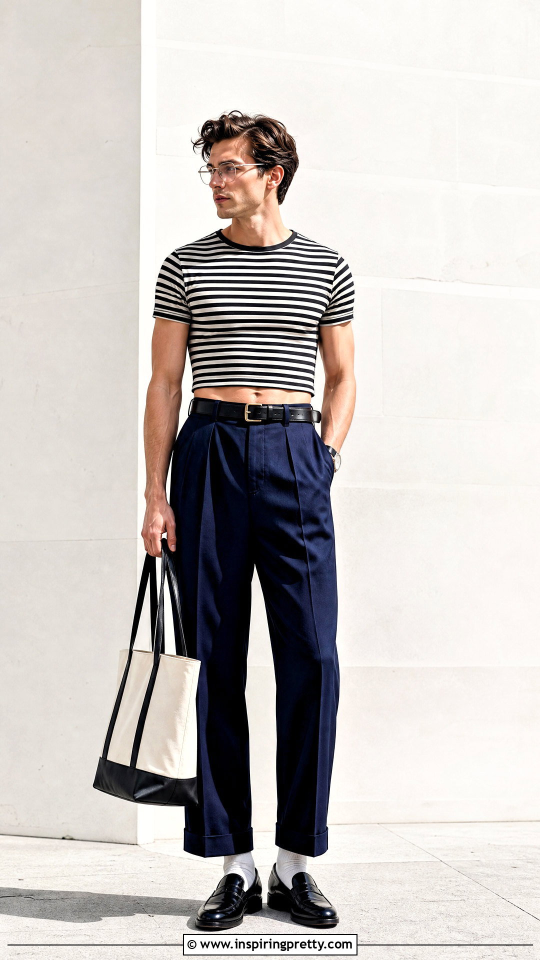 Striped Crop Top With Pleated Pants - 25 man crop top aesthetic ideas
