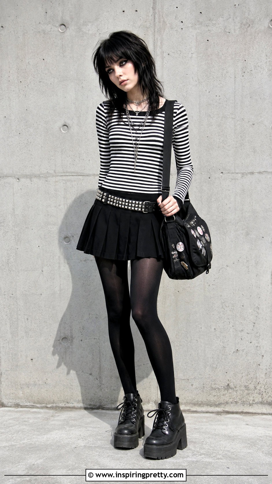 Striped Emo Top With Pleated Skirt - 50 alt tops outfit ideas
