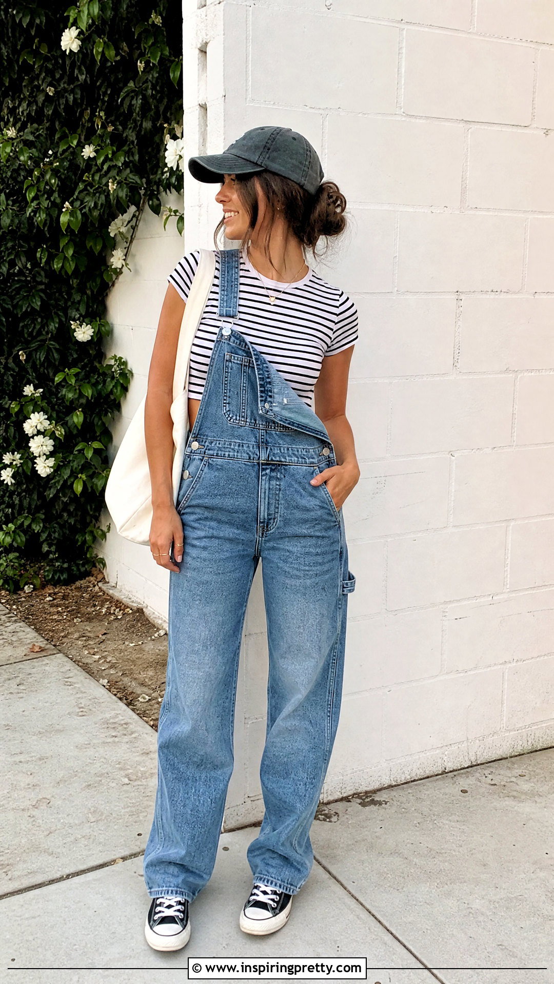 Striped Extremely Cropped Top With Denim Overalls - 25 Extremely Cropped Top outfit ideas