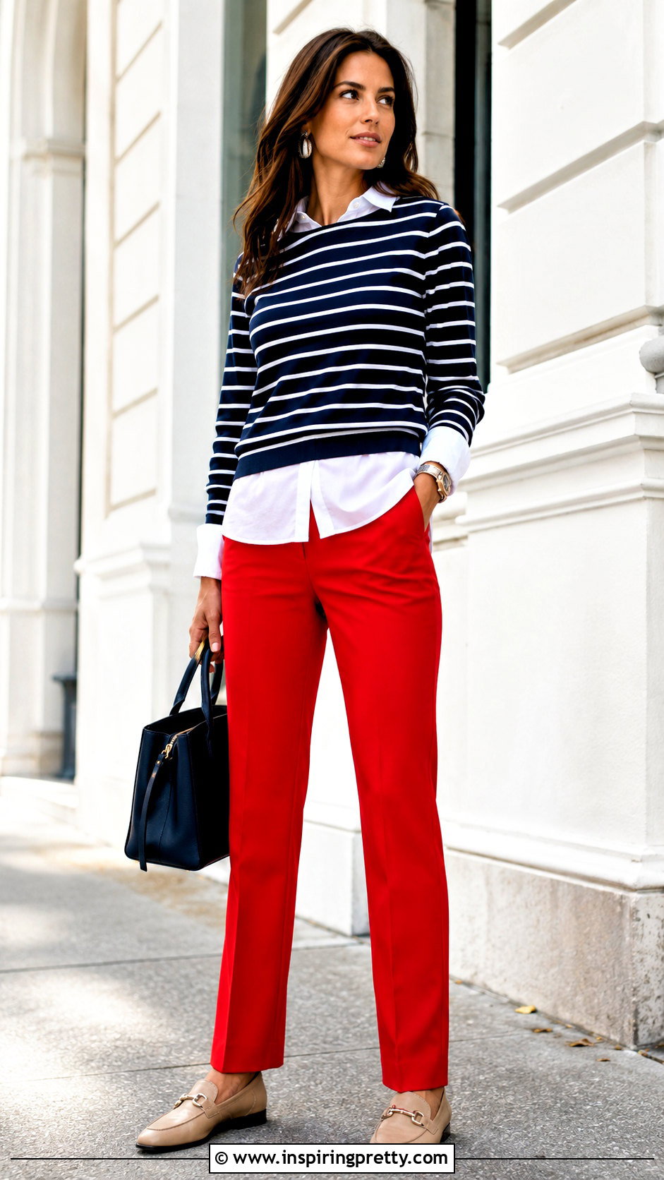 Striped Fooler Top With Red Pants - 20 fooler top outfit ideas