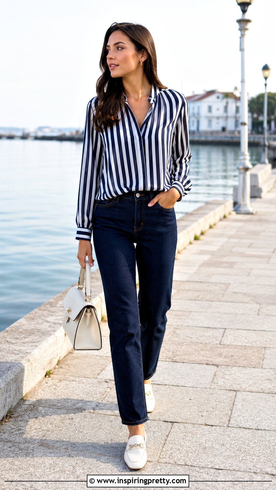 Striped Georgette Top With Navy Jeans - 50 georgette tops western outfits