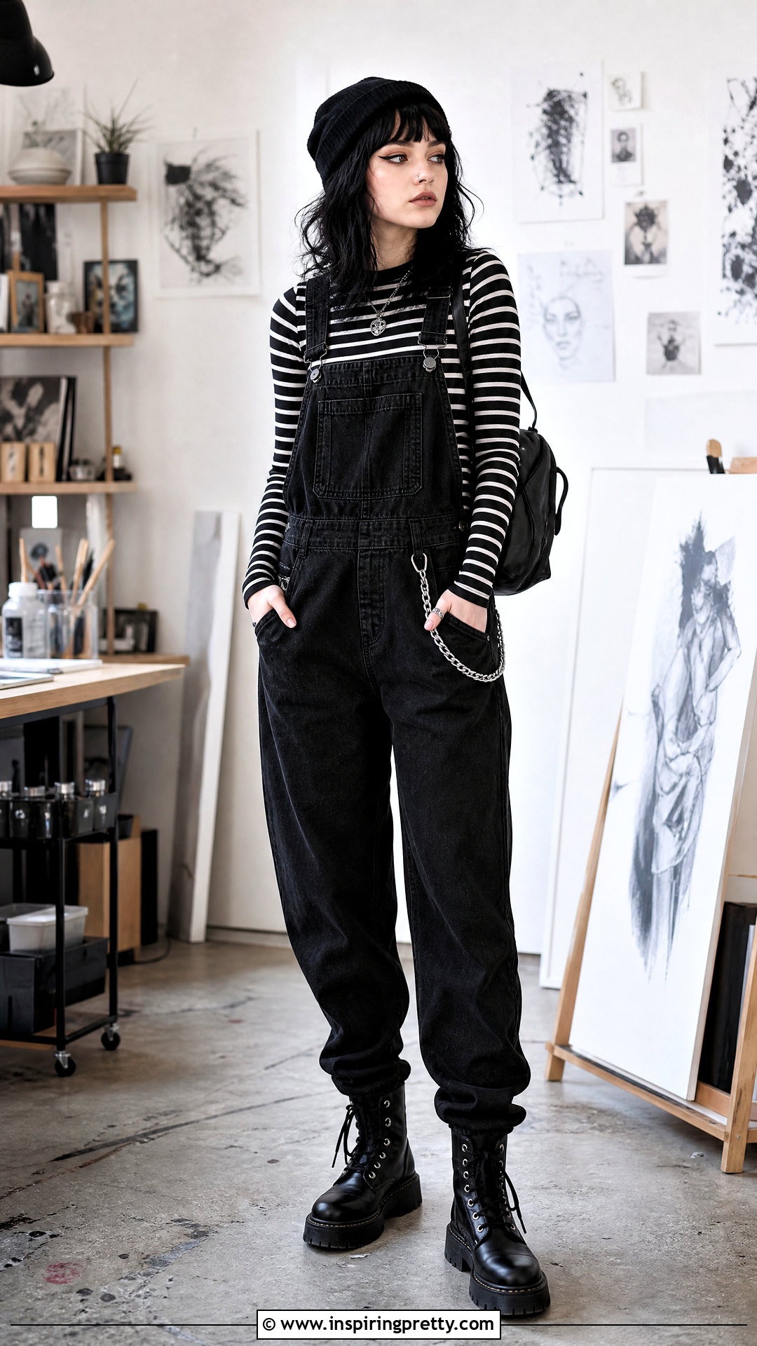 Striped Goth Top With Black Overalls - 50 goth tops outfit ideas