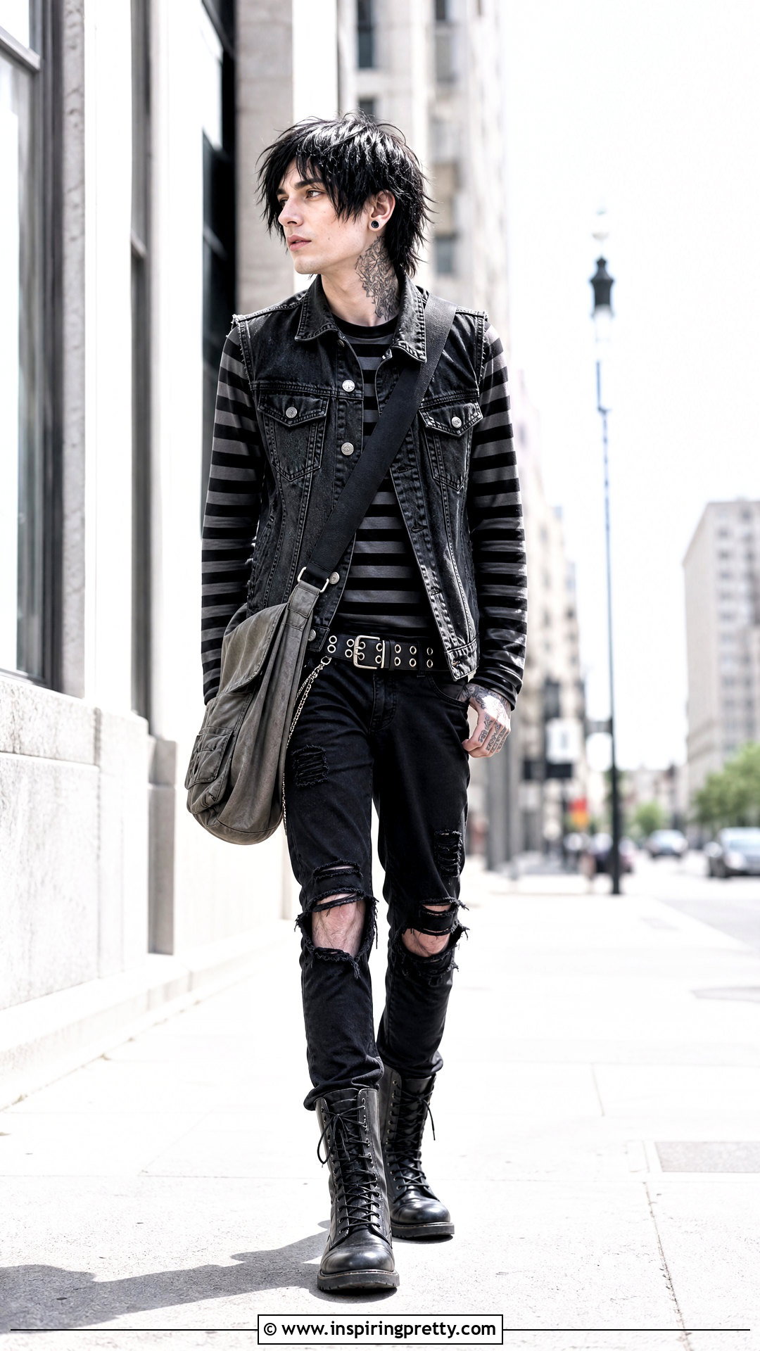 Striped Goth Top With Ripped Black Jeans - 25 goth tops men