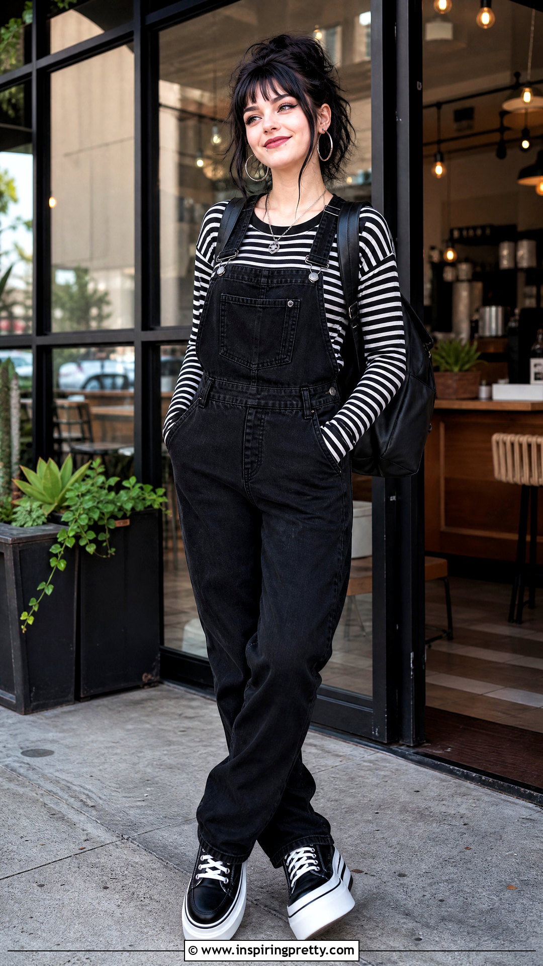 Striped Gothic Top With Black Overalls - 50 gothic tops outfit ideas