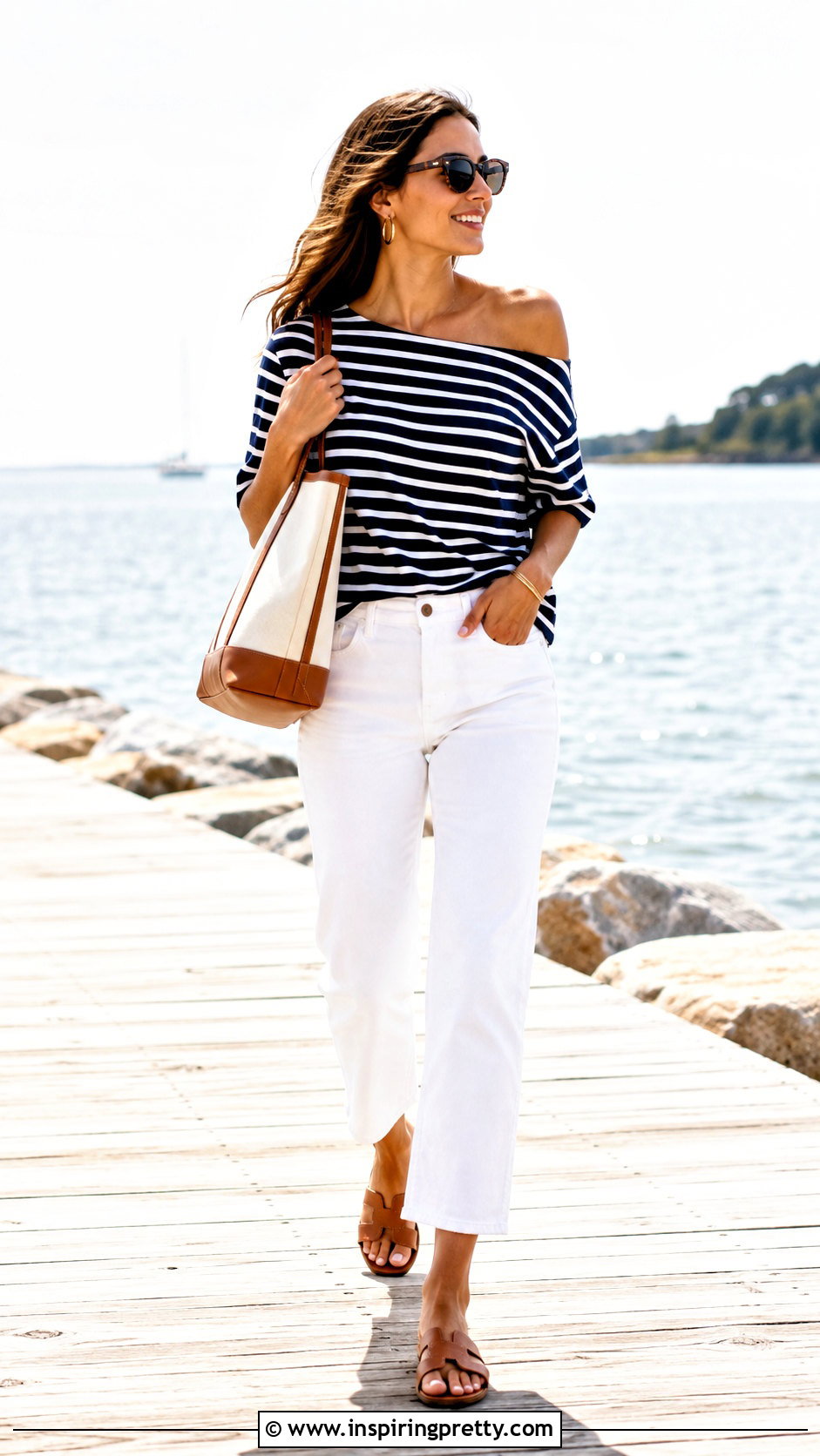 Striped Half Shoulder Top With White Jeans - 50 half shoulder top outfit ideas