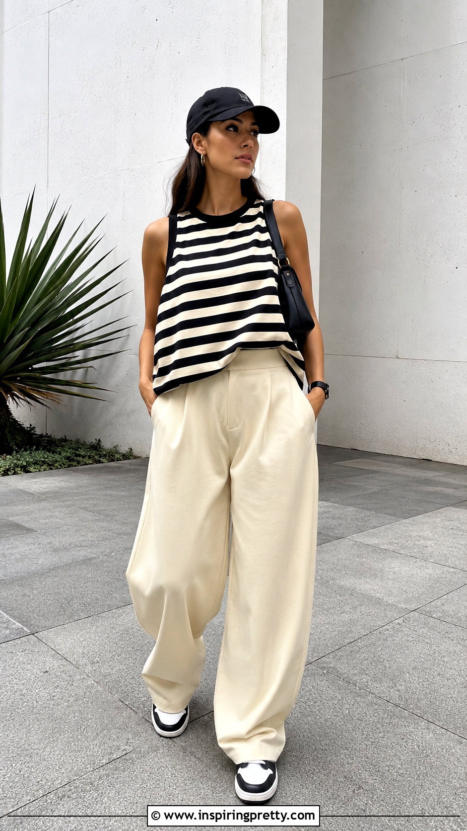 Striped Hip Hop Tank Top With Wide Leg Pants - 20 hip hop tank tops outfit ideas