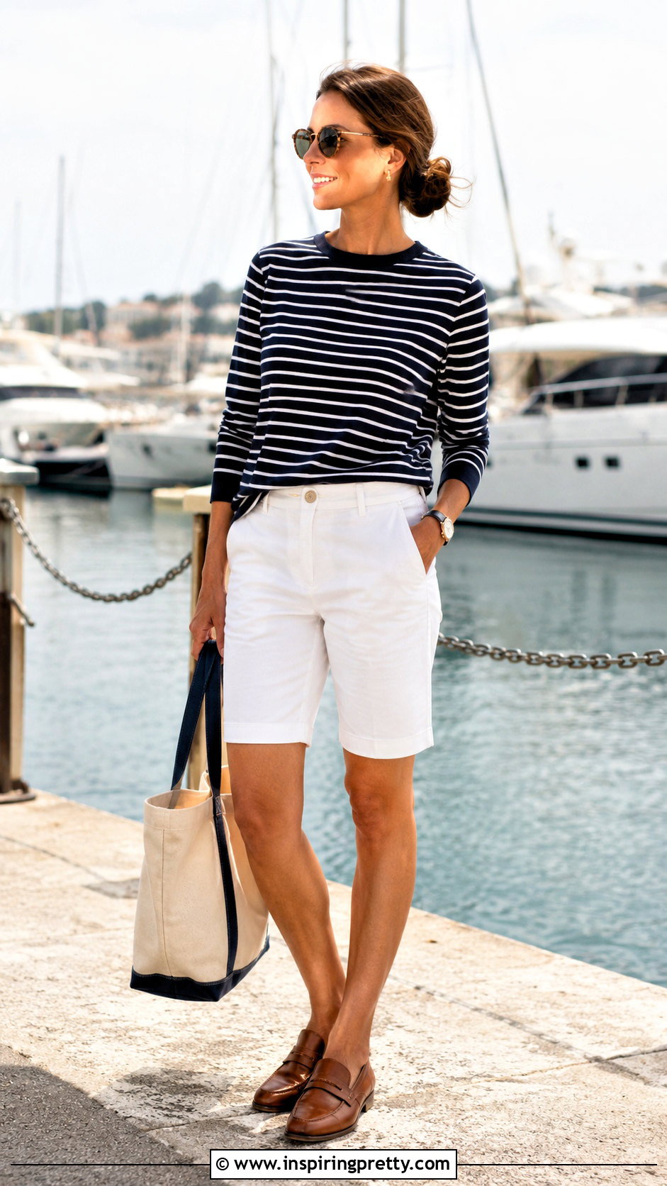 Striped Knit Top And White Shorts Outfit - 50 trendy summer tops outfit ideas