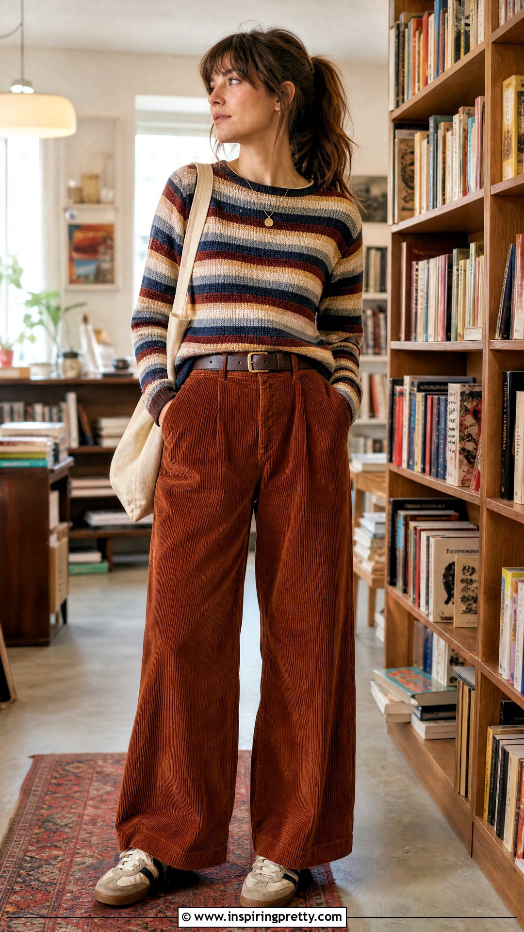Striped Knit Top With Corduroy Pants Outfit - 50 aesthetic tops outfit ideas