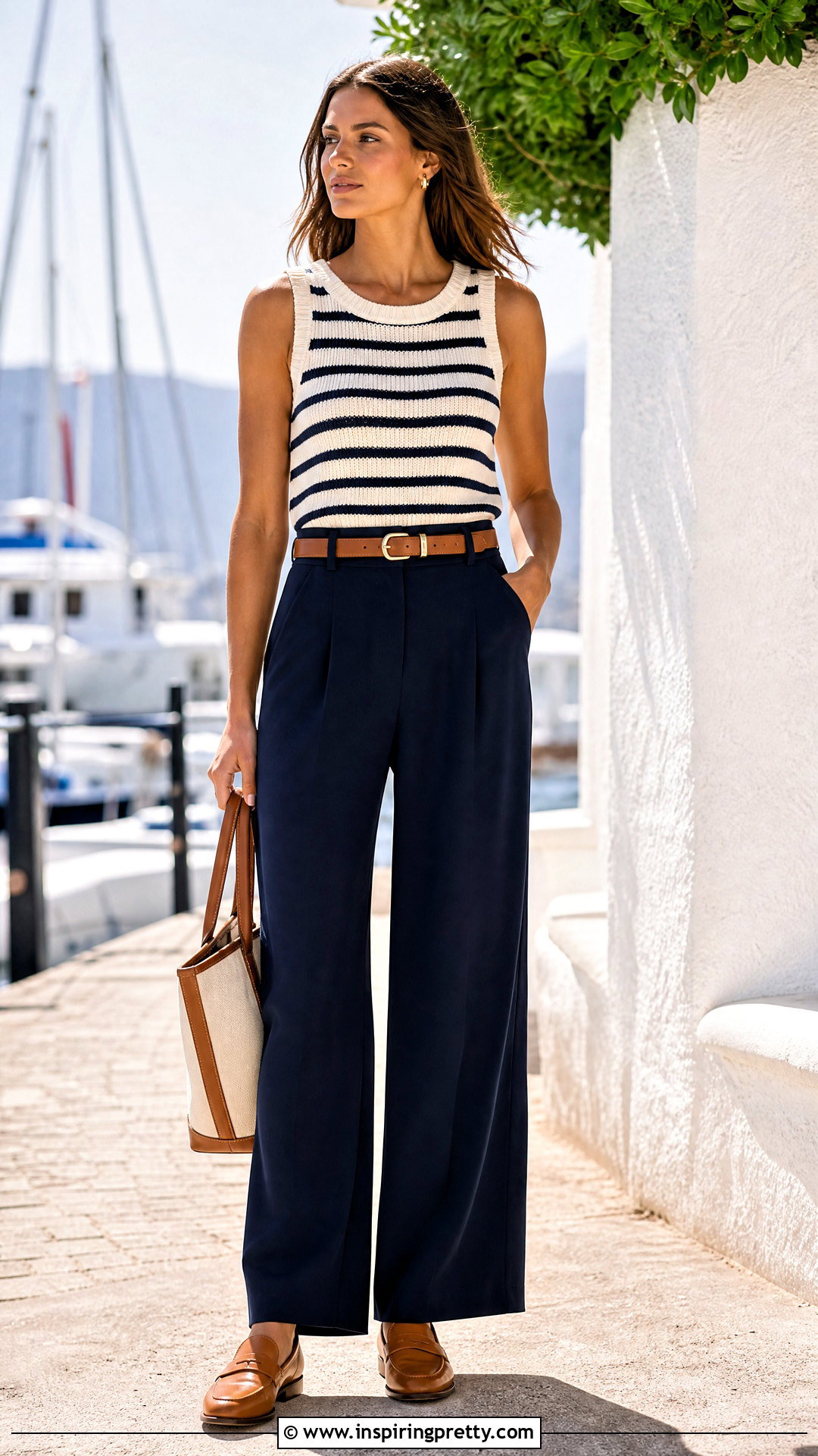 Striped Knitted Tank Top With Navy Trousers - 50 knitted tank top outfit ideas