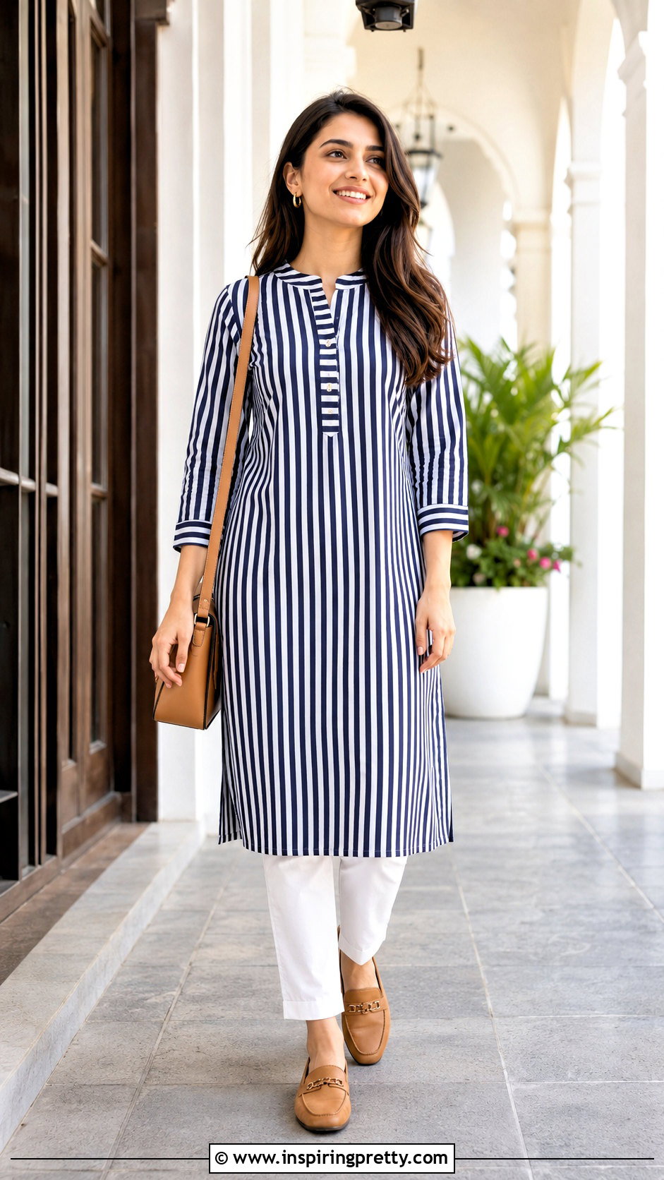 Striped Kurti With White Trousers - 50 kurti tops outfit ideas
