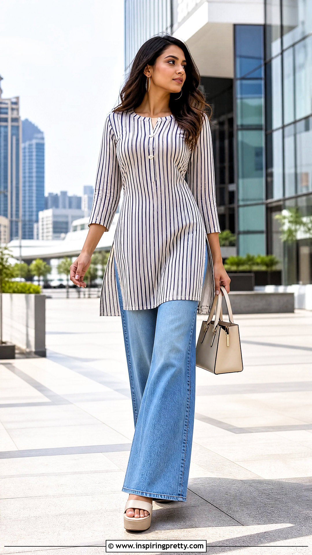 Striped Kurti With Wide Leg Jeans - 50 kurti tops for jeans