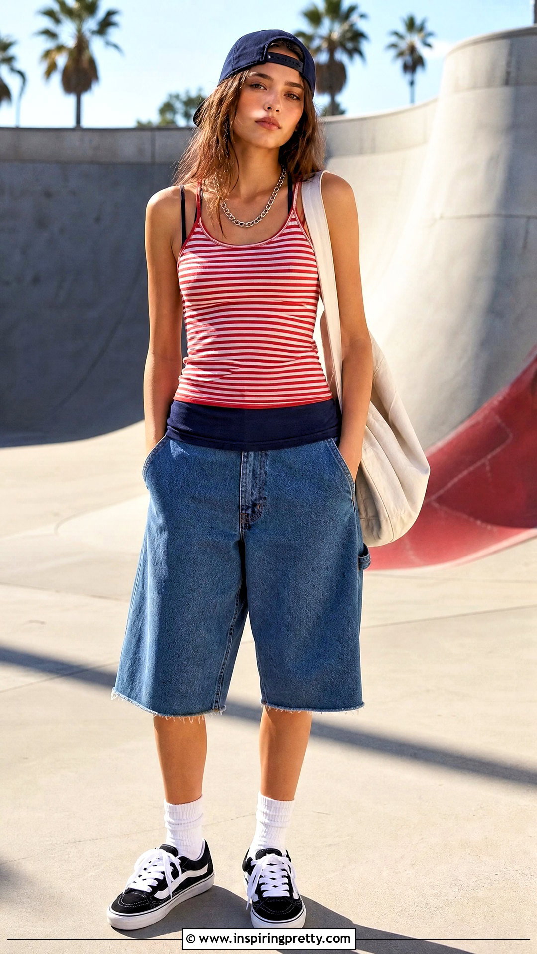 Striped Layered Tank Top With Baggy Jorts And Skater Sneakers - 25 layered tank top y2k outfit ideas