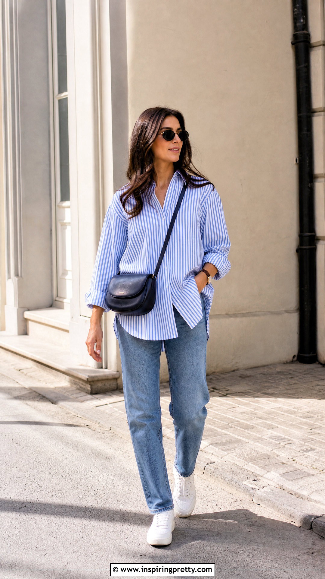 Striped Long Shirt With Straight Jeans - 50 long top outfit ideas