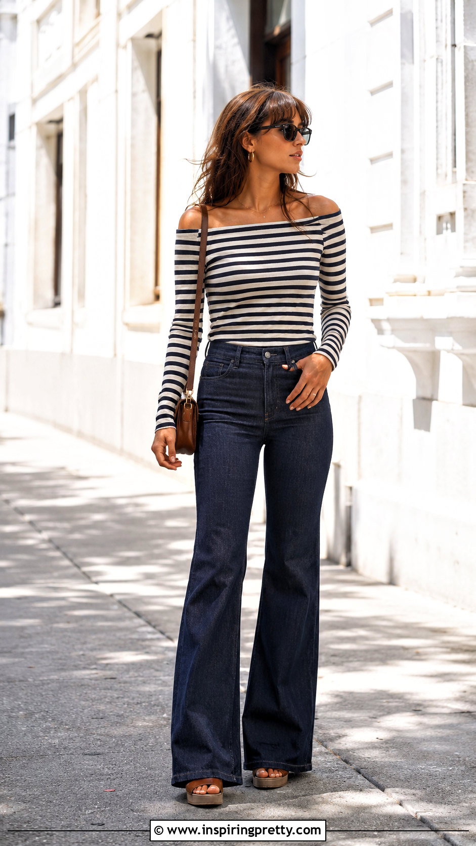 Striped Long Sleeve Off Shoulder Top With Flare Jeans - 50 long sleeve off shoulder top outfit ideas