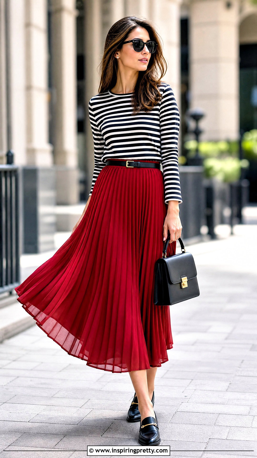 Striped Long Sleeve Top With Pleated Midi Skirt - 25 Long Sleeve Dress Tops outfit ideas