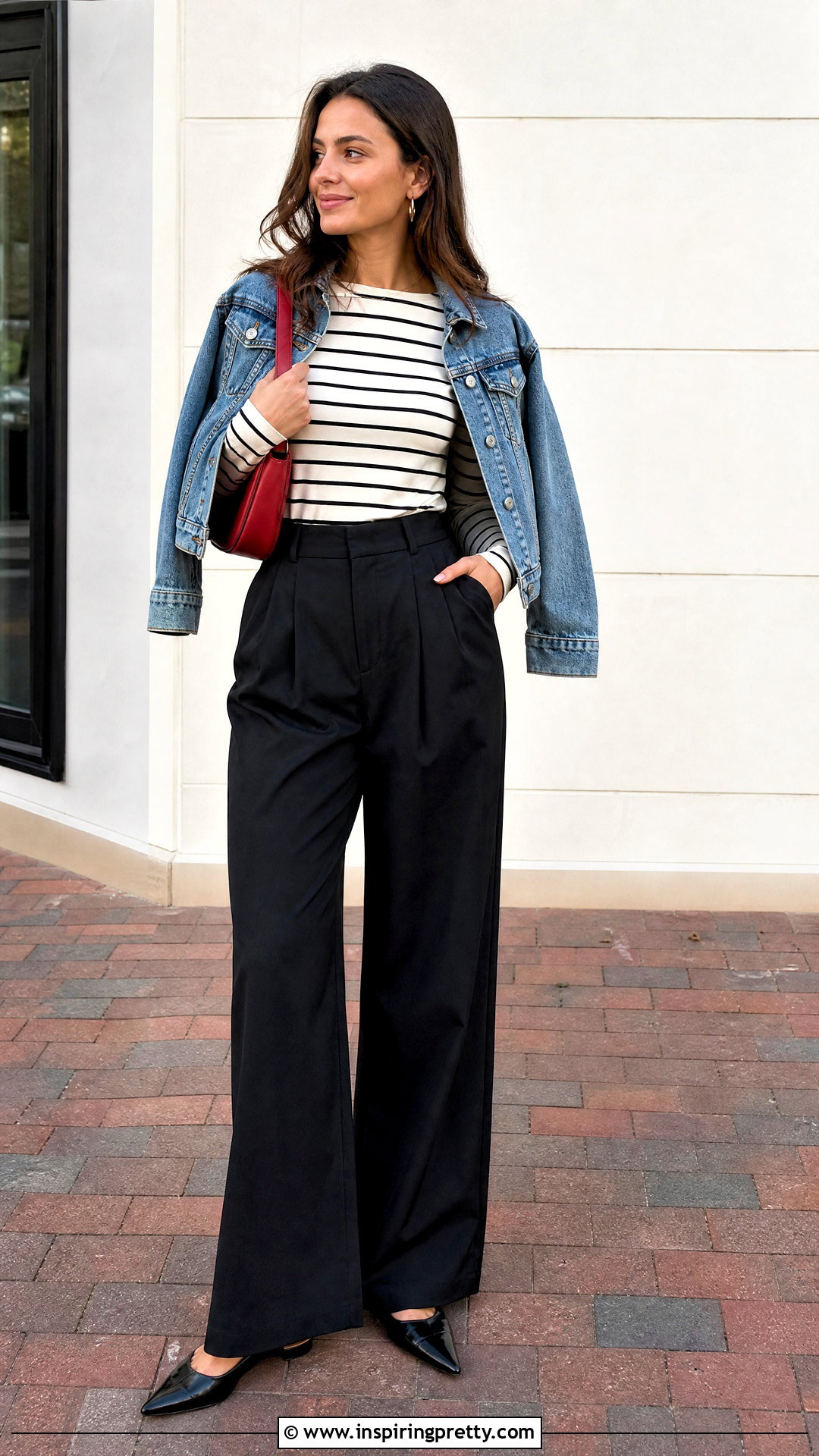 Striped Long Sleeve Top With Wide Leg Pants - 50 fall tops outfit ideas