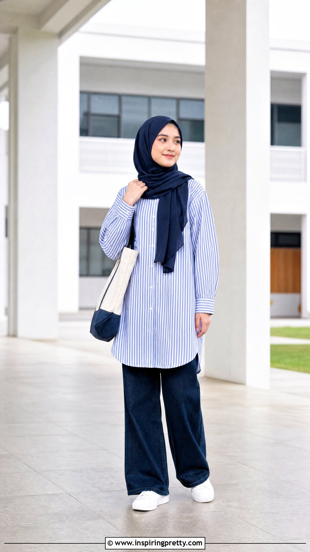 Striped Long Top With Wide Leg Jeans - 50 long tops designs for muslims