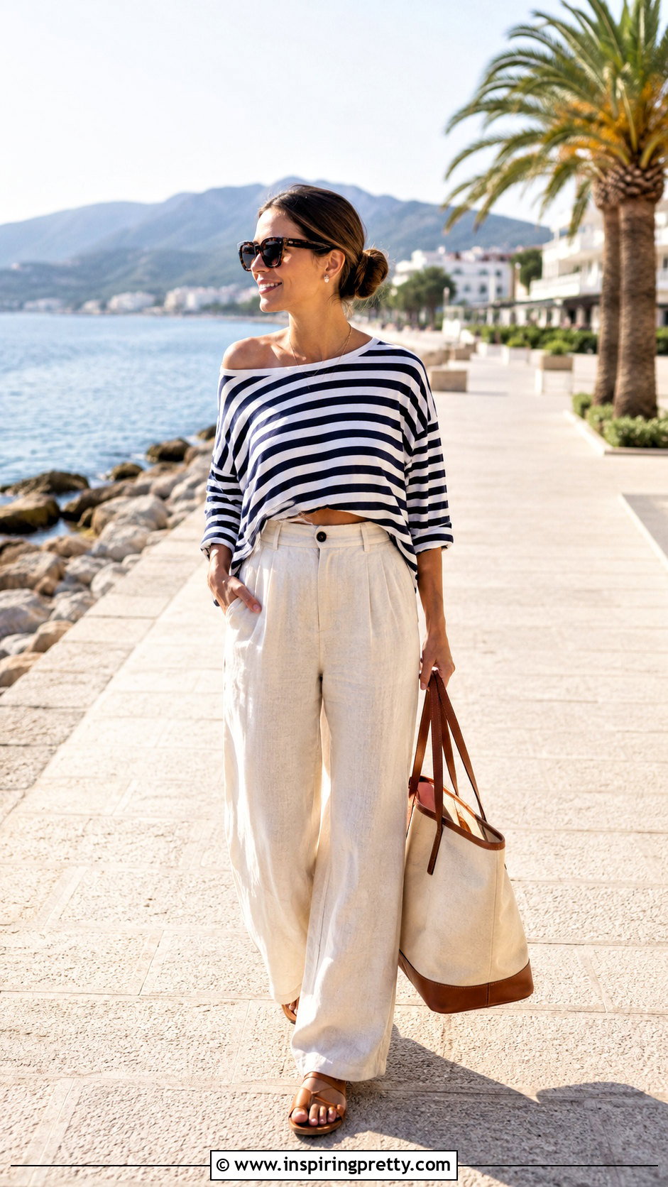 Striped Loose Off Shoulder Crop Top With Linen Pants - 25 loose off shoulder crop top outfit ideas
