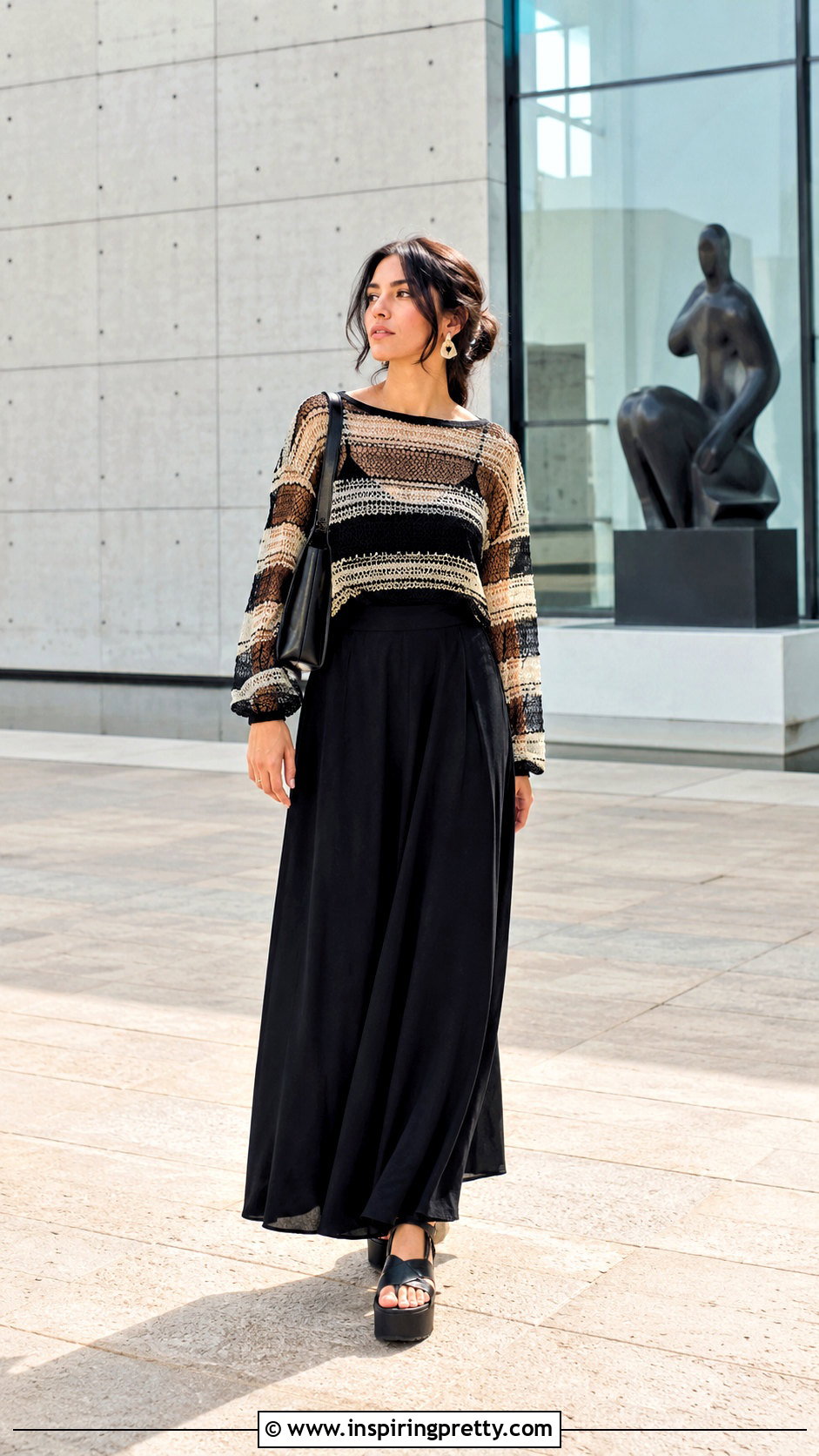 Striped Mesh Sheer Top With Maxi Skirt - 20 mesh sheer top outfit ideas